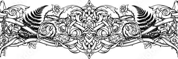 Fototapeta Elegant Celtic knotwork border with roses, ferns, and thorny vines, intricate vintage design silhouette and cutout removed background