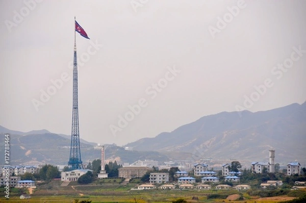 Fototapeta KOREA,JOINT SECURITY AEREA: View to KIJŎNG-DONG. Is a village in North Korea. North Korea call it Peace Village, South Korea Propaganda Village. 