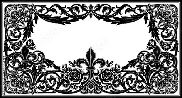 Fototapeta Elegant black and white floral flourish with fleur de lis and roses, perfect for invitations and borders. silhouette and cutout removed background