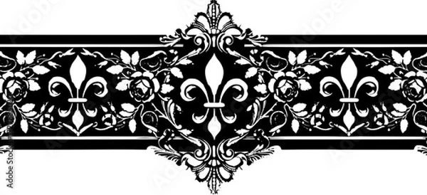 Fototapeta Elegant gold fleur-de-lis and rose ornamental border design on black background silhouette and cutout removed background