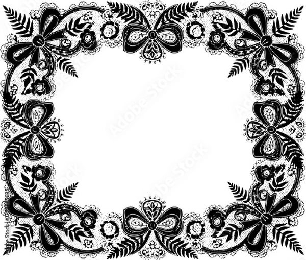 Fototapeta Elegant black lace border with floral and bow motifs, perfect for invitations and decorative projects silhouette and cutout removed background