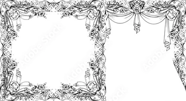 Fototapeta Elegant vintage floral frame with roses and ornate scrollwork, perfect for invitations and decorative designs silhouette and cutout removed background