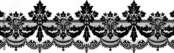 Fototapeta Intricate black lace border design with roses and leaves, elegant vintage decorative element silhouette and cutout removed background
