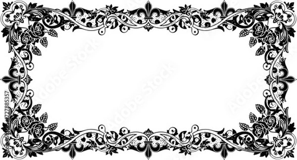 Fototapeta Elegant vintage ornamental frame with roses and fleur de lis for decorative design projects silhouette and cutout removed background