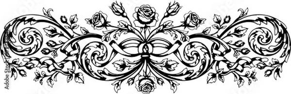Fototapeta Elegant vintage rose scrollwork border design with ornate floral details and ribbons silhouette and cutout removed background