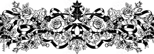 Fototapeta Elegant black and white floral border with roses and ribbons, perfect for invitations and decorative designs. silhouette and cutout removed background