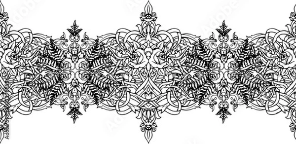 Fototapeta Intricate floral border design with roses and ferns, elegant Celtic knotwork, timeless decorative element silhouette and cutout removed background