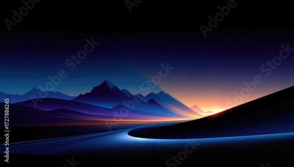 Fototapeta A dramatic vista of mountains bathed in the warm hues of a sunrise, with a winding road leading towards the horizon, creating a serene and awe-inspiring scene.