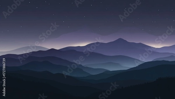 Fototapeta A serene night view displays a range of softly-shaded mountains under a starry sky.