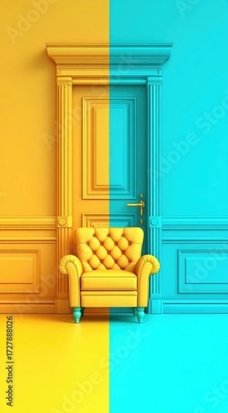 Fototapeta A vibrant yellow and turquoise room features a stylish armchair, showcasing a bold color contrast and elegant design.
