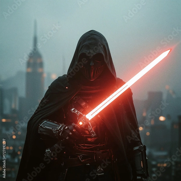 Fototapeta Hooded medieval warrior with glowing red sword at night