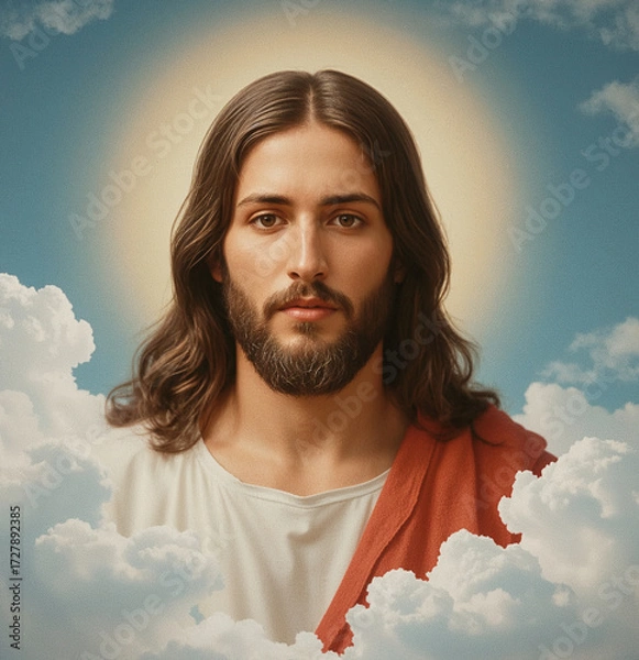 Fototapeta Portrait of a mystical man with glowing aura in the clouds