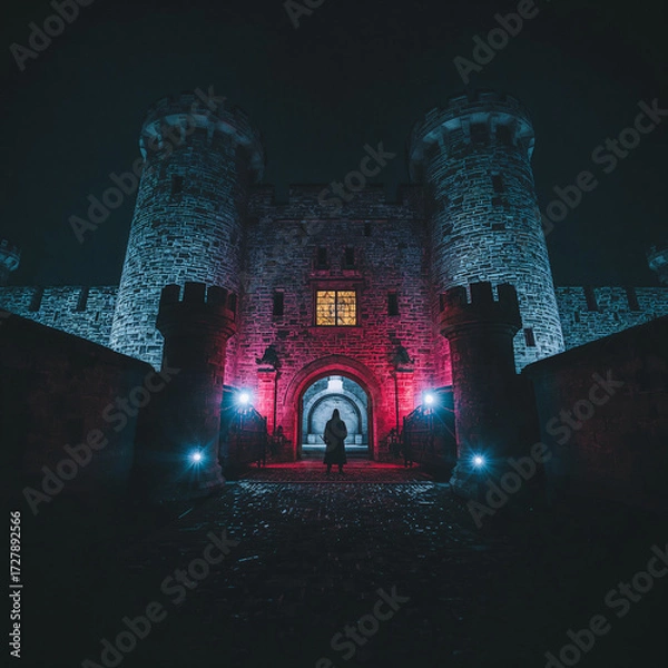 Fototapeta Medieval fortress illuminated at night