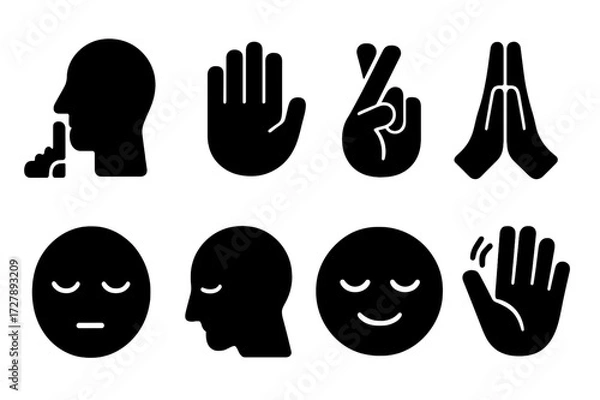 Fototapeta Silence Gesture Icons. Solid, filled icon set of silence gestures: finger on lips, palm raised, crossed fingers, folded hands, closed eyes, bowing head, calm