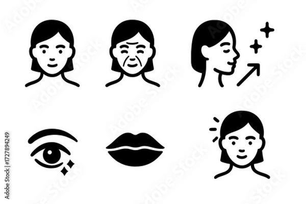 Obraz Anti-Aging Icon Set. Solid, filled icon set of anti-aging facial features: smooth skin, wrinkle, fine line, firm jawline, glowing cheek, youthful eye, plump