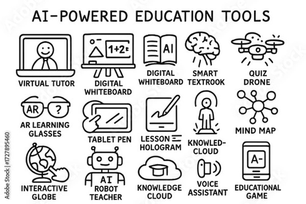 Fototapeta Futuristic Education Icons. Hand-drawn doodle illustration [AI-powered education tools] virtual tutor screen, digital whiteboard, smart textbook, brain chip,