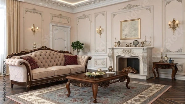 Fototapeta Living room with fireplace sofa and table in a classic style decor
