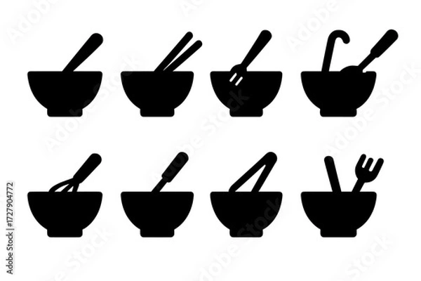 Fototapeta Bowl and Utensils Icons. Solid, filled icon set of bowl with utensils: bowl with spoon, bowl with chopsticks, bowl with fork, bowl with ladle, bowl with whisk,
