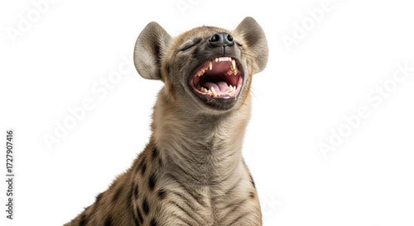 Fototapeta Hyena with mouth open showing teeth against a white background.