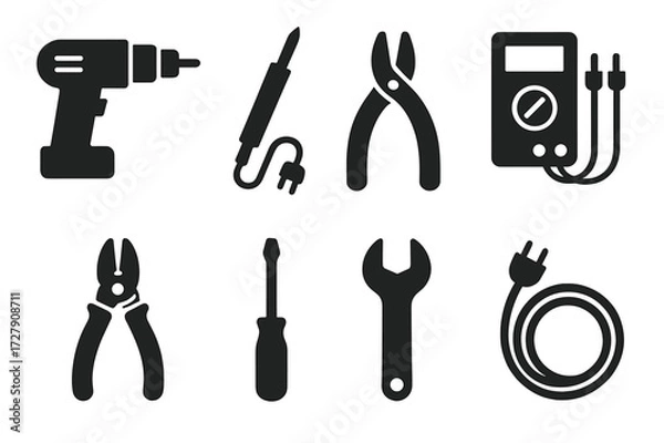 Fototapeta Power Tool Icons. Solid, filled icon set of power tools: drill, soldering iron, wire cutter, multimeter, pliers, screwdriver, wrench, cable. Solid, filled