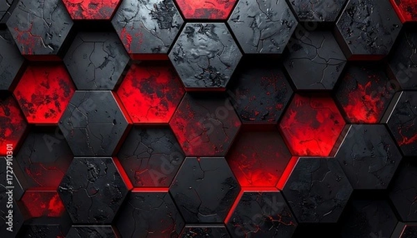 Obraz Abstract honeycomb pattern with dark grey/black hexagons and glowing red interior