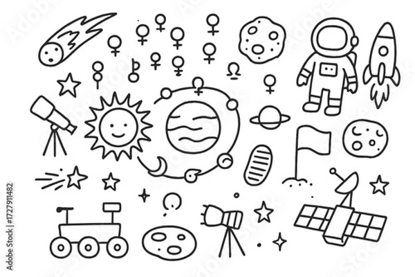 Fototapeta Solar System Doodle. Hand-drawn doodle illustration Solar system symbols sun, planets, orbit line, comet, asteroid, rocket, astronaut, rover, telescope,
