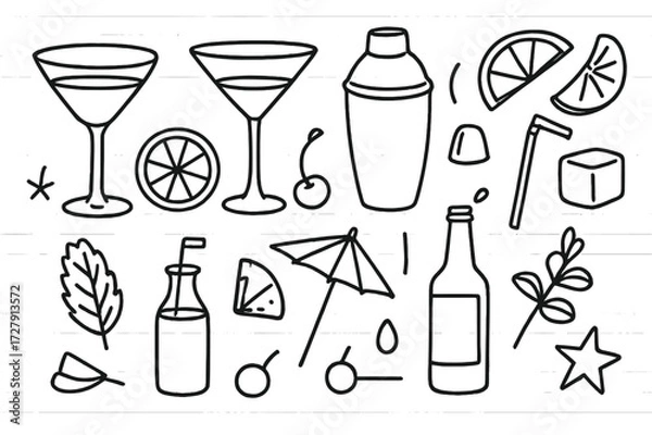 Fototapeta Cocktail Doodle Icons. Hand-drawn doodle illustration Cocktail rim cocktail glass, martini glass, shaker, lemon wedge, orange slice, cherry, umbrella, straw,