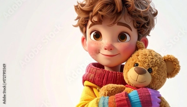 Fototapeta Delightful 3D animated boy with a joyful smile and rosy cheeks, holding a classic brown teddy bear, embodying pure childhood innocence and comforting companionship
