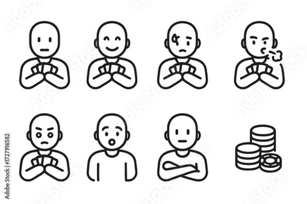 Obraz Card Player Emotions. Outline icon set of card player emotions: poker face, confident smile, nervous sweat, bluff face, focused look, surprised face, folded