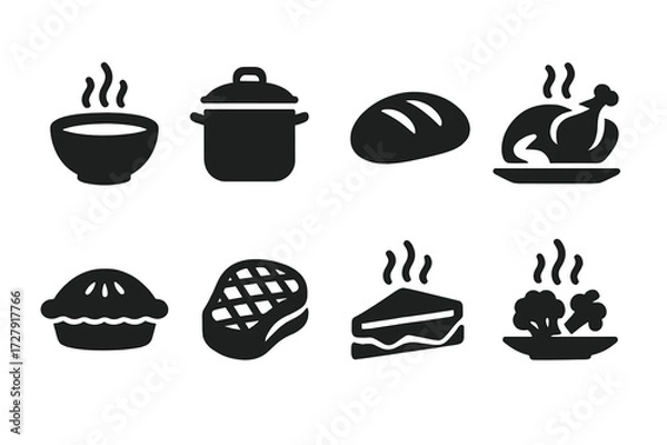Obraz Warming Foods Icons. Solid, filled icon set of warming foods: soup bowl, stew pot, bread loaf, roasted chicken, baked pie, grilled steak, hot sandwich,