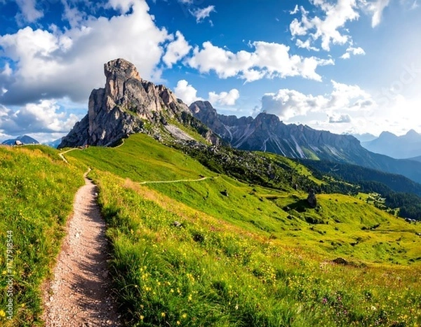 Obraz Panoramic mountain path in vibrant alpine meadow