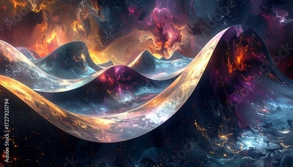 Obraz Abstract landscape of swirling nebulae and undulating mountains.  Cosmic, vibrant colors