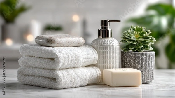Obraz Serene Spa Arrangement with Towels, Soap, Lotion, and Succulent Plant on Marble Surface