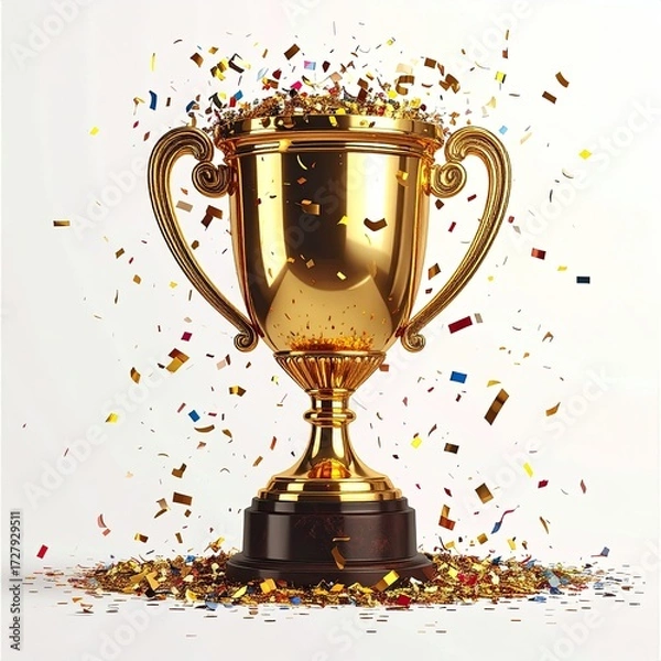 Fototapeta A gleaming gold trophy, with ornate handles, sits on a dark base amidst a flurry of colorful confetti against a white background