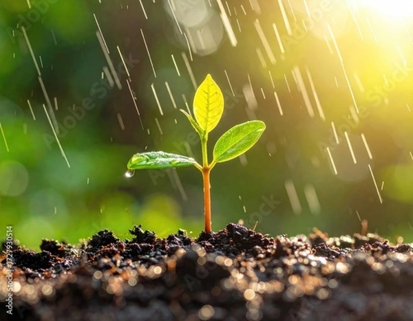 Obraz A small sprout emerges from dark soil, bathed in sunlight and gentle rain; vibrant green leaves glisten