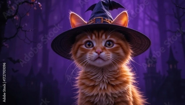 Fototapeta An Adorable Orange Cat Sporting a Halloween Bat Hat, Illuminated Against a Deep Purple Night