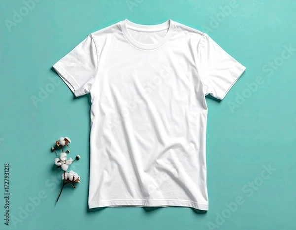 Obraz Flatlay of a white, short-sleeved t-shirt, casually draped, next to a sprig of cotton blossoms on a teal background