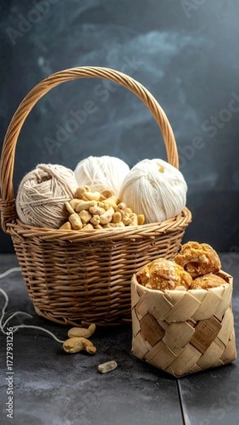Obraz A wicker basket overflowing with creamy yarn balls and cashew nuts sits beside a smaller basket holding caramelized treats on a dark surface