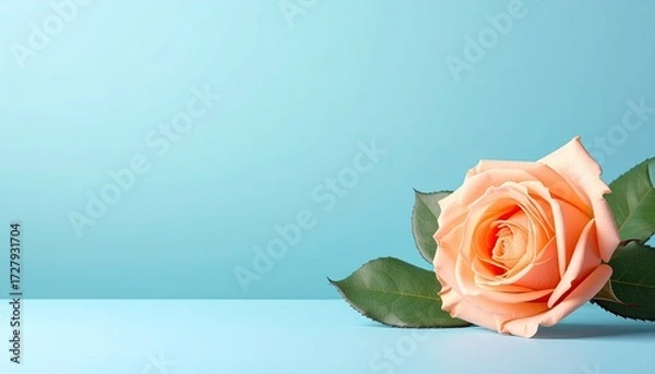 Obraz Single peach rose rests on a pale blue surface against a matching background, leaves slightly splayed