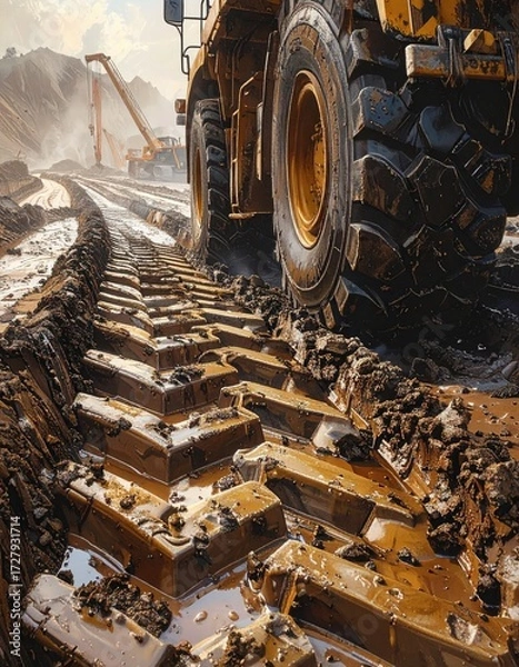 Obraz Close-up of heavy machinery treads sinking into muddy terrain, other equipment visible in the background