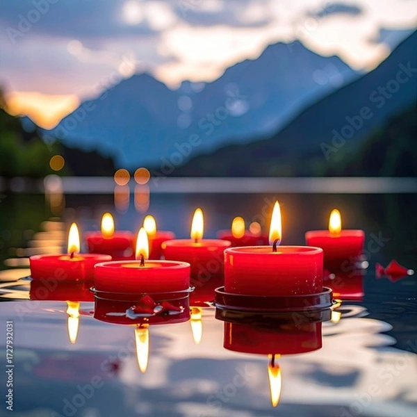 Obraz Red candles float on serene lake at sunset, reflecting in still water, with mountains in the background