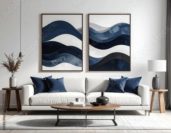 Obraz Two abstract navy and white wave canvases hang above a white couch with navy blue pillows in a minimalist living room