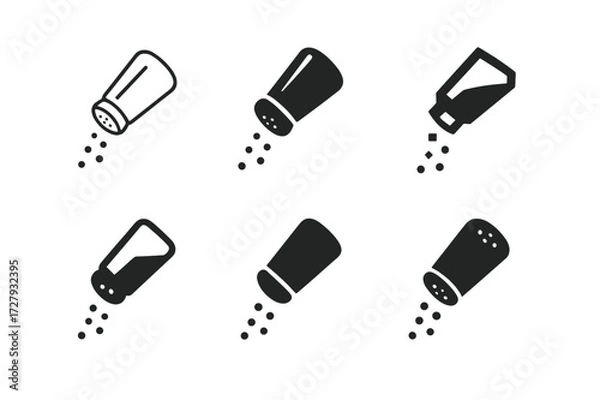 Fototapeta Salt Shaker Logos. Salt shaker. Set Logo of salt shaker: tilted shaker pouring grains. harmonious logo variations of the same emblematic concept, each with