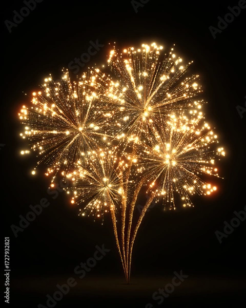 Fototapeta Brilliant Radial Golden Fireworks Glowing Festive Design on Transparent Background