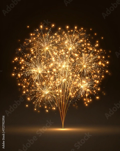 Fototapeta Brilliant Radial Golden Fireworks Glowing Festive Design on Transparent Background