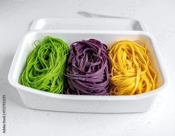 Obraz Three vibrant nests of colorful pasta?green, purple, and yellow?rest in a rectangular white container with its lid ajar, on a white surface