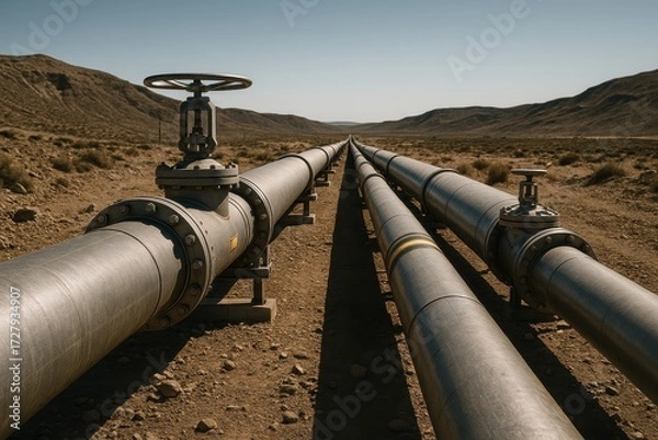 Fototapeta Industrial oil and gas pipelines over terrain with valves and supports under dramatic sky