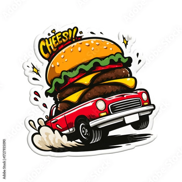 Fototapeta Dynamic burger car chase illustration with "CHEESY!!" text, perfect for food truck branding, restaurant menus, and fun advertising campaigns. Isolated  to Transparent  Background