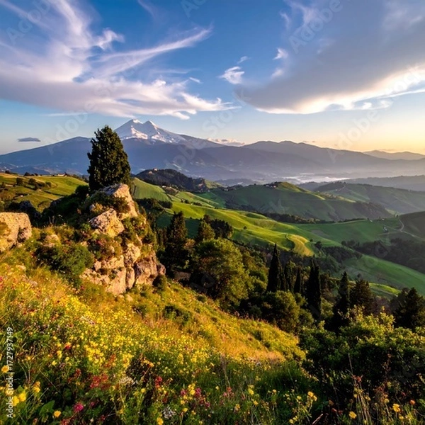 Obraz Panoramic mountain vista at sunrise. Lush valley below