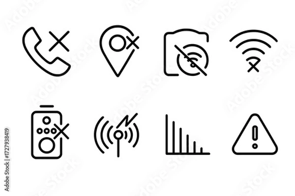 Fototapeta Jammer Effects Icon Set. Outline icon set of jammer effects: disrupted call, no GPS, dead zone, lost Wi-Fi, disabled remote, interference waves, signal fade,